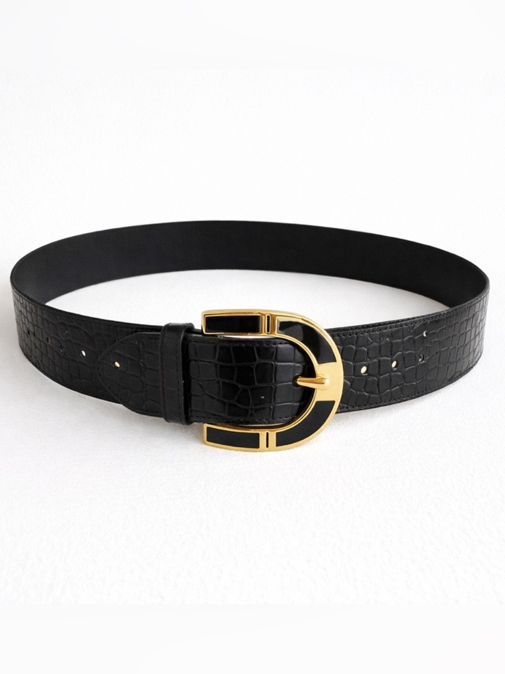 Vintage Avignon Black Croc Embossed Leather Gold Buckle Statement Wide Small